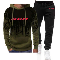 CCM Men New Fashion Casual Spring Autumn Tracksuits Gradient Color Hooded Hoodie + Print Sweatpant H