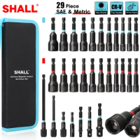 SHALL 29Pcs Magnetic Nut Driver Set Impact Drill Driver Bit 1/4" Hex Shank Metric SAE Nut Driver Impact Socket Adapters