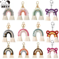 Macrame Plush Tassel Keychain Women Boho Handmade Weaving Rainbow Keychains Creative Bag Charm Pendant Keyring