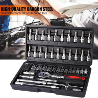 46pcs Tool Set | Ratchet Spanner & Screwdriver Bits | Car/Bicycle Repair Kit | Portable Toolbox