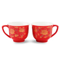 Marriage Wedding Services Tea Cup Set Dragon and Phoenix Couples Mug Chinese Red Ceramic Ceremony Teaware Set Gift Porcelain