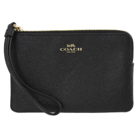 【COACH】馬車烙印LOGO防刮皮革零錢包手提包手拿包(黑)