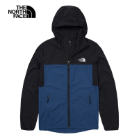 【The North Face 官方旗艦】北面男款黑藍拼接舒適透氣涼感防曬休閒連帽外套｜87VYMPF