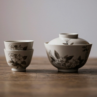 草木灰手繪牡丹蓋碗茶杯單個功夫茶具復古陶瓷手抓泡茶碗不燙手