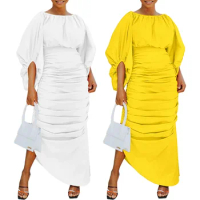 2024 African Dresses for Women Africa 3/4 Lantern Sleeve White Yellow Pleat Long Maxi Dress Party Evening Gowns Outfits S-3XL