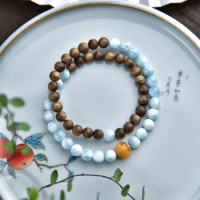 Qi Nan Agarwood 0.7 Bracelet Matching: Old Wax Old-Styled Bead Sky Blue Sea-Pattern Stone Gem Light Blue Clean White Clouds