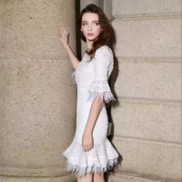【女神婚紗禮服】時尚名媛感羽毛邊喇叭短袖膝上魚尾裙洋裝晚禮服GLG1912#白色(派對舞會宴客 拉鍊款)