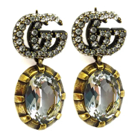 【GUCCI 古馳】水晶雙G搭古銅金色水晶吊飾耳環