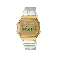 【CASIO 卡西歐】A168XESG-9A 80年代懷舊雅致 日期星期 計時碼錶 EL背光 半透明錶帶 金 電子錶 手錶
