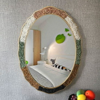 【免運費 破損補發】地中海風格石子新中式橢圓壁掛牆式衛生間廁所浴室鏡梳妝化妝鏡子鏡子 浴室鏡 圓鏡 掛鏡