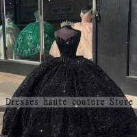 Mexican Black Sequins Quinceanera Dress Ball Gown 2024 Sweetheart Sweet 16 Dress Birthday Party Dress Lace-up Vestido De 15 Anos