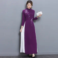 Womens Purple Dress New 2022 Chinese traditional dress Vietnam ao dai Collar long sleeve Retro dress DG396