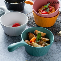 陶瓷日式餐具家用湯碗面碗創意手柄碗 水果沙拉碗純色帶把手的碗