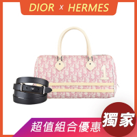 展示品Christian Dior滿版復古老花PVC飾漆皮條紋設計拉鍊手提波士頓包(粉紅)+HERMES