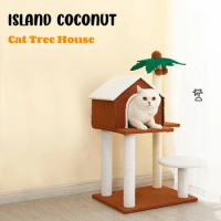 Coconut Tree Cat House And Condos Multifunction Cat Tree With Sisal Rope Scracthing Posts Wooden Cat Tower For Climbing, Sleep