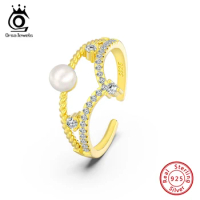 ORSA JEWELS Natural Freshwater Pearl Rings 925 Sterling Silver AAAA Cubic Zirconia Adjustable Finger Ring Jewelry APR21