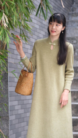 中式復古女裝綠色針織連衣裙改良旗袍漢服毛衣裙佛系長袍禪意茶服