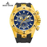Reef Tiger/RT Chronograph Sport Watch for Men Blue Dial Yellow Gold Rubber Strap Quartz Watches RGA303