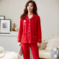 New Spring Women Pajamas Long Sleeve Red Cardigan Female Pajama Set Pure Full Cotton Pajamas For Women Sleepwear Suit Homewear
