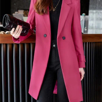 Yitimuceng Trench Coats for Women 2023 Fall Winter New Fashion Turn Down Collar Jacket Office Ladies Single Breasted Long Blazer