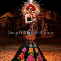 Vintage Mexican Prom Dress Luxurious Sheath Floral Embroidery Skinny Mermaid Formal Occasion Evening Gown Robes De Soirée
