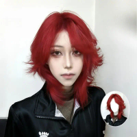 Wig mullet berlapis merah, ekor serigala visual kei, wig penuh yang lembut dan nyaman dipakai.