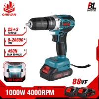 ONEVAN 1000W 450NM Brushless Electric Impact Drill 25+3 Torque 3 in 1 Electric Cordless Screwdriver For Makita 18v Battery