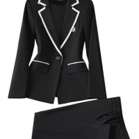 Fashion Gray Black Apricot Women's Pant Suit Office Ladies Blazer and Trouser Formal 2 Piece Set For Autumn Winter