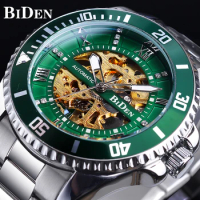 BIDEN Green Skeleton Dial Diamond Design Automatic Watch Waterproof Stainless Steel Luminous Hand Men Business Mechanical Watch