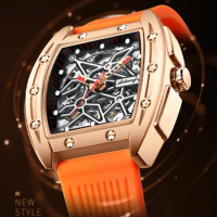 AILANG Luxury Brand Rose Gold Automatic Mechanical Watches Men Skeleton Sports Watch Man Rubber Strap reloj hombre