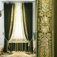 復古窗簾墨綠色美式刺繡花絲絨客廳臥室高檔法式輕奢遮光別墅超高