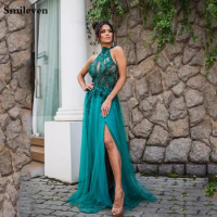 Smileven Arab Dubai Evening Party Gowns High Neck Lace Evening Dress See Through Side Split robe de soiree Prom Gowns