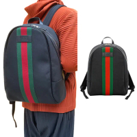 【GUCCI 古馳】630918 經典綠紅綠拚色條紋帆布雙肩後背包(黑色)