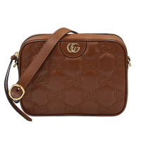 【GUCCI 古馳】經典GG絎縫MATELASSE菱革紋皮革雙背帶 肩背/斜背包(棕色)