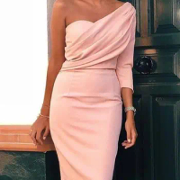 Simple Mother of The Bride Dresses 2024 for Wedding Party One Shoulder Single 3/4 Sleeves Knee Length Light Pink Women farsali