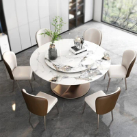 Round Dining Tables With Rotating Turntable With 6 Chairs Luxury White Food Table Made Of Marble Modern Kitchen Furniture Set