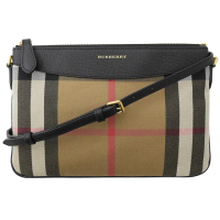 【BURBERRY 巴寶莉】經典格紋棉麻拼接手拿斜背包(駝/黑邊)