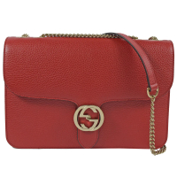 【GUCCI 古馳】經典雙G LOGO全皮革壓紋單鍊肩背包包(紅)