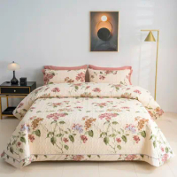 3Pcs Quilt Set 100%Cotton Quilted Bedspread 2Pcs Pillow shams Lightweight Reversible Chic Floral Printed Bed Coverlet