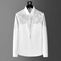 Luxury Wing Rhinestone Men's Shirt 2024 Spring Long Sleeve Casual Shirts Banquet Party Stage Shirt Vintage Streetwear Blouse 5XL