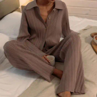 Women's Pleated Pajama Set Autumn Winter Long Sleeve Ladies Knitted Sleepwear 2 Pcs with Pant Loose Pyjama Suit for Female