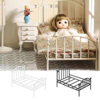 Doll House Miniature Bed Single-Bed Design Doll House Furniture Vintage Metal Bed Decor for Doll House for Kid's Room Bedroom