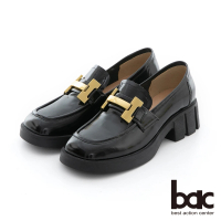 【bac】金屬H飾釦溝紋厚底粗跟樂福鞋(黑色)