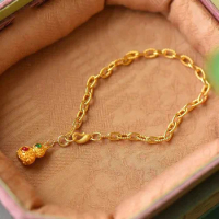 Vintage Simple Classical Natural Jade Chalcedony Small Gourd Bangles Ancient Gold Craft Chain Bracelet for Women Banquet Jewelry