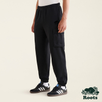 Roots男裝-絕對經典系列 海狸LOGO雙口袋寬版刷毛布長褲-黑色