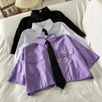 紫色工裝領帶襯衫女夏季短款暗黑系朋克設計感小眾短袖襯衣上衣服