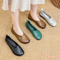 【Taroko】純色交錯點點平底鏤空真牛皮豆豆鞋(4色可選)