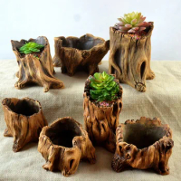 Creative Retro Imitation Wooden Pile Root, Wood Tree Head Flower Pot, Succulent Plant, Micro Landscape, Cement Flower Pot