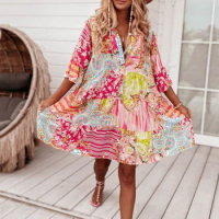 2023 Elegant Women 3/4 Sleeved Printed V-Neck Dress Fashion Casual Stand Collar Button Mini Dress Sexy Summer Female Loose Dress