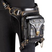 Black Waist Bag Women Gothic Fanny Packs Motorcycle Hip Hop Leg Bag Steampunk Biker Shoulder Bag for Men Leather Crossbody Bags